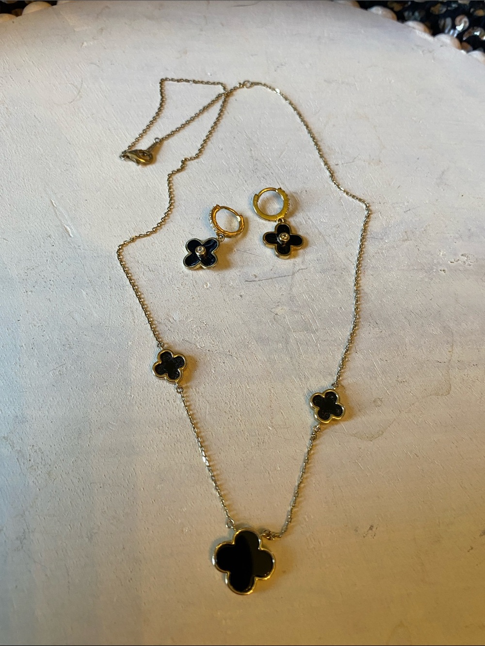 Gold plated 925 Silver Necklace & Hoop Earrings Set Black Clover crystal accents